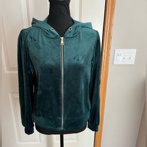 Women’s Magaschoni emerald green velour track hooded jacket gold hardware.Medium